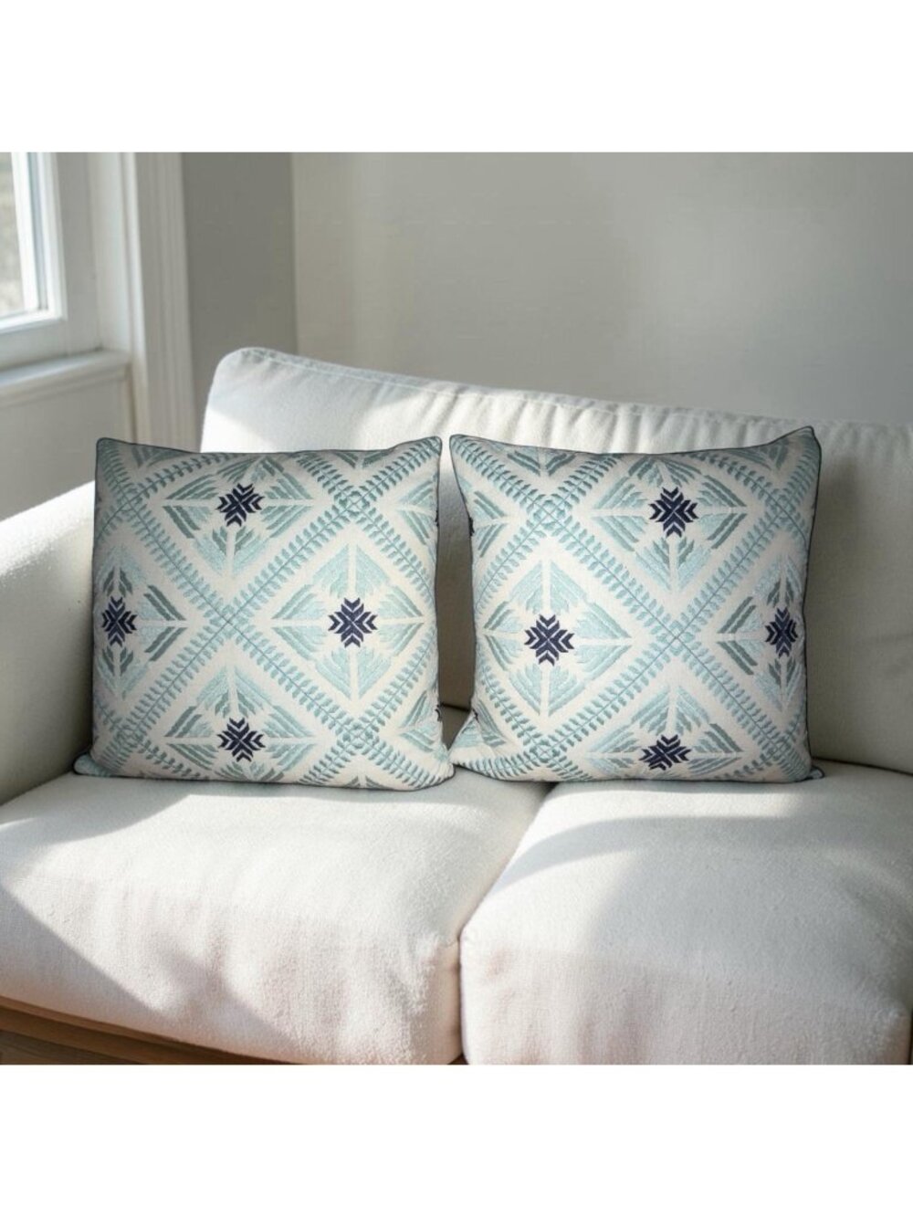 2 Envogue Seafoam Green Cream Navy Blue Embroidered 18X18 BOHO Throw Pillows